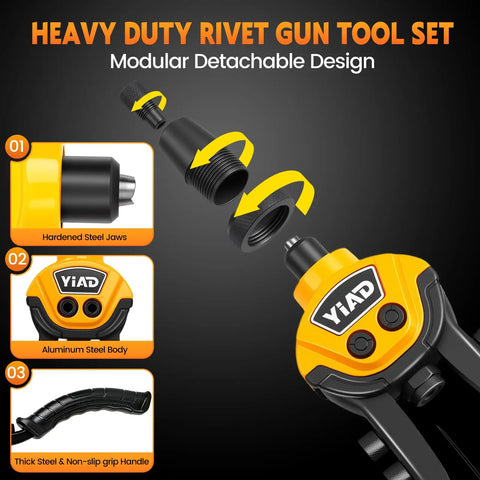 Two Handed Heavy Duty Rivet Gun Kit With 250 Blind Rivets And Five Free Interchangeable Heads 1/4 In 3/16 In 1/8 In 3/32 In Pop Riveter For Metal Auto Gutters Projects modular detachable design features steel jaws and non-slip grip handle