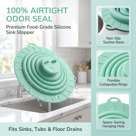 Bekecidi Bathtub Drain Cover, 6-Inch Silicone Tub Stopper, 3 Pack, placed over a sink for effective sealing.