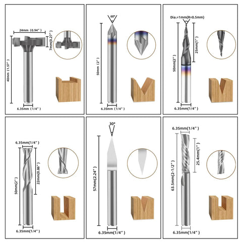 Essential 1 Quarter Inch Shank CNC Router Bit Kit With ER11 Collet 30 Degree V Bit Two End Mills Surface Bit And Chamfering Bit