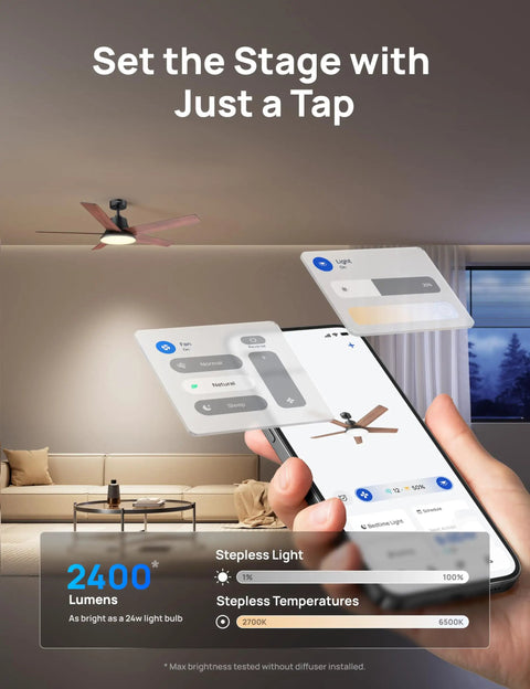 Next Level Smart Ceiling Fan With Lights 52 Inch Black For Smart Home Cooling app control interface displayed on smartphone