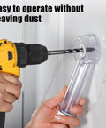 Kick Up Less Mess With This Heavy Duty Universal Drill Dust Collector That Sucks Up All The Grit And Keeps Your Shop Spotless While Fitting Almost Every Drill Bit You Own For Smooth Cleanup Indoors Or Outdoors, showing a drill attached to a dust collector.