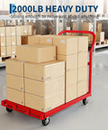 Heavy Duty Steel Panel Flatbed Cart With 2000 Lb Capacity Built To Haul Like A Boss Rugged Platform Truck For Warehouses And Job Sites Reinforced Steel Frame And Powder Coated Finish For Lasting Toughness, loaded with boxes