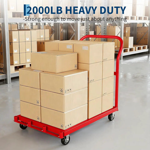 Heavy Duty Steel Panel Flatbed Cart With 2000 Lb Capacity Built To Haul Like A Boss Rugged Platform Truck For Warehouses And Job Sites Reinforced Steel Frame And Powder Coated Finish For Lasting Toughness, loaded with boxes