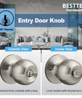 Keyed Entry Door Knob With Lock Satin Nickel Finish All Metal Construction Includes Three Keys Adjustable Backset From Two And Three Eighths Inches To Two And Three Quarters Inches For Interior And Exterior Doors showing outside and inside views
