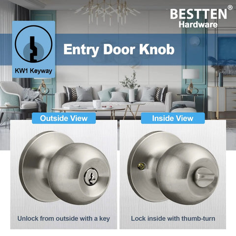 Keyed Entry Door Knob With Lock Satin Nickel Finish All Metal Construction Includes Three Keys Adjustable Backset From Two And Three Eighths Inches To Two And Three Quarters Inches For Interior And Exterior Doors showing outside and inside views