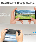 Hands holding smartphone app and 4.5-inch screen controller for Kid Friendly Camera Drone With Built In 4.5 Inch Live Display Controller Beginner RC Drone With Brushless Motors Optical Flow For Stable Hovering One Key Takeoff Includes Two Batteries.