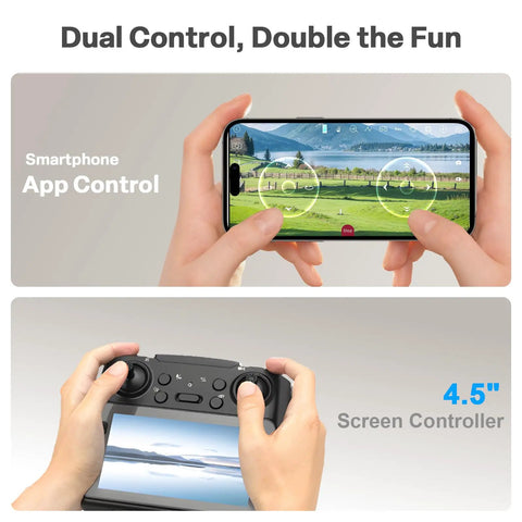 Hands holding smartphone app and 4.5-inch screen controller for Kid Friendly Camera Drone With Built In 4.5 Inch Live Display Controller Beginner RC Drone With Brushless Motors Optical Flow For Stable Hovering One Key Takeoff Includes Two Batteries.