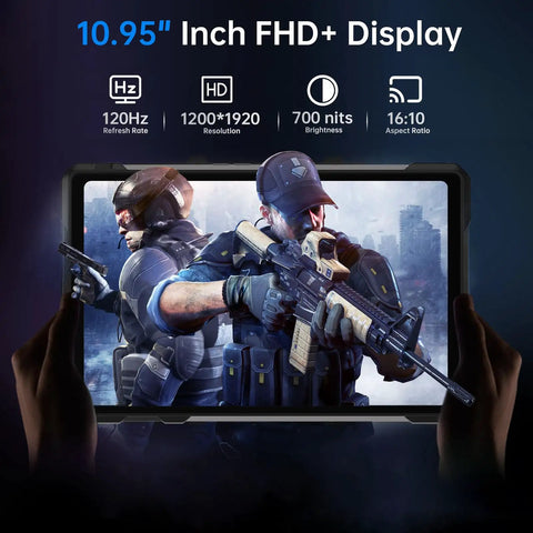 Badass Rugged 5G Tablet Packing Built In Projector And Smooth Android 15 Operating System Heavy Duty Drop Proof Design Unlocked Wide Screen For Outdoor Adventures And Daily Use showing 10.95" FHD+ display with action image.