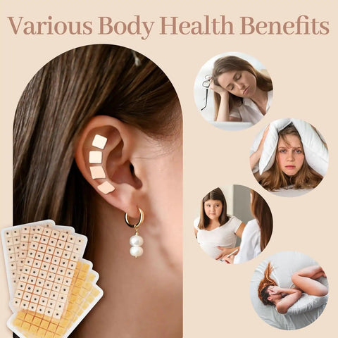 Person using ear seeds from All In One Ear Seeds Kit For Auricular Acupressure With 600 Natural Vaccaria Seeds for wellness benefits