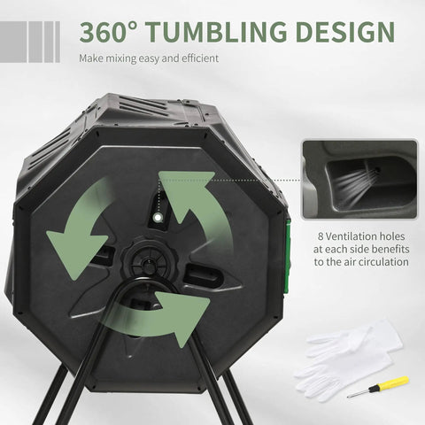 Dual Chamber 43 Gallon Rotating Compost Tumbler With 360 Degree Tumbling shown with deep fins and aeration vents, black.