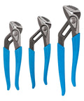 SpeedGrip High Carbon Steel Tongue And Groove Pliers Set With Push Button Adjustment Lock And Safe Stop, blue handles, four sizes.