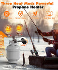 Man ice fishing beside 30000 BTU Portable Propane Heater with Three Adjustable Heat Modes and Safety Shut Off Valve for outdoor use.