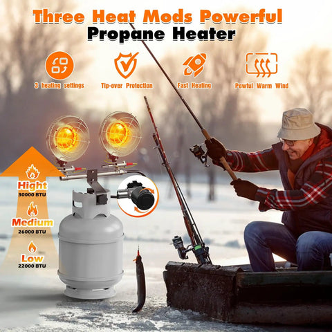 Man ice fishing beside 30000 BTU Portable Propane Heater with Three Adjustable Heat Modes and Safety Shut Off Valve for outdoor use.