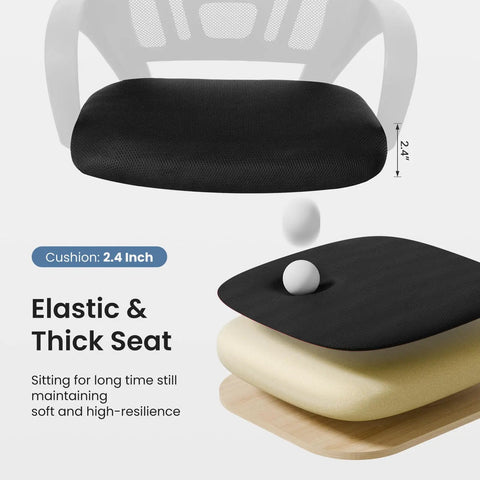 Ergonomic Mid Back Mesh Office Chair With Lumbar Support All Day Comfort For Work From Home showing elastic 2.4 inch thick seat