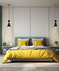 Conic Mini Pendant Light In Honey Gold Finish, 1 Light, 100W Max, bedroom setup with pendant lights over nightstands