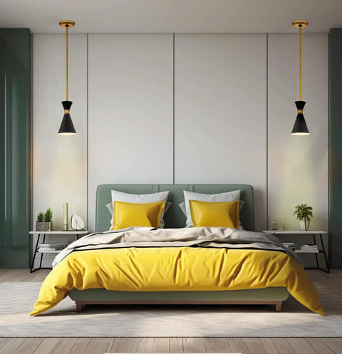 Conic Mini Pendant Light In Honey Gold Finish, 1 Light, 100W Max, bedroom setup with pendant lights over nightstands