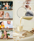 All In One Nut Milk Maker For Almond, Oat, Soy Milk And Plant Based Drinks, 40oz Capacity being used to pour milk into a glass