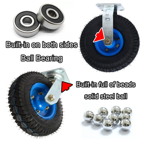 Heavy Duty Rubber Wheel Casters With Pneumatic Tires And Swivel Brake, showing ball bearings and solid steel balls for smooth movement.