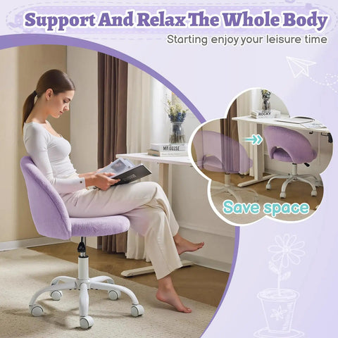 Cute Mini Vanity Chair With Faux Fur Wheels, Adjustable Height Armless Office Desk Stool, 360 Degree Swivel Rolling Makeup And Study Chair For Small Spaces, Girls Cozy Bedroom Purple