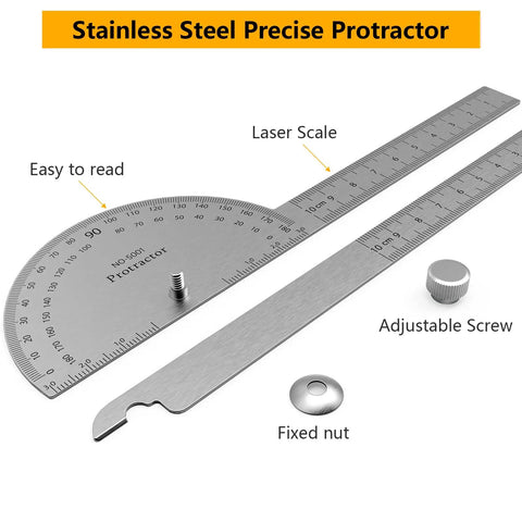 Stainless Steel Two Arm Protractor Angle Finder Ruler For Woodworking And Craftsman Projects With Handy Thumb Nut, 0-180°