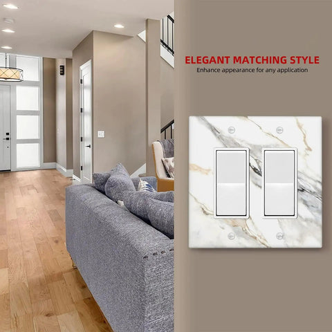 Modern Abstract Wall Switch Covers With Hella Sleek Gray And Gold Marble Finish On Super Solid Plastic 2 Gang Double Rocker Faceplates For Bathroom Or Kitchen Makeover Featuring Dope Floral Graffiti Detail in a stylish living room setting.