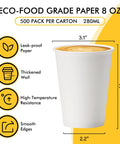 8 Oz Disposable Coffee Cups 500 Pack with leakproof thickened paper, ideal for hot drinks, showing measurements and features