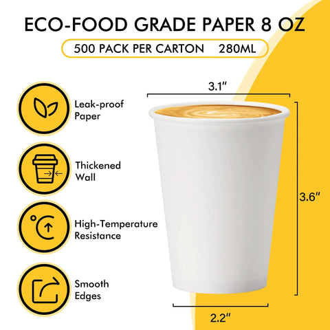 8 Oz Disposable Coffee Cups 500 Pack with leakproof thickened paper, ideal for hot drinks, showing measurements and features