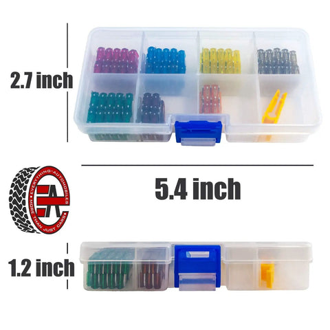 Real Deal 12 Volt Inline Automotive Fuse Holder Kit Featuring 14 Gauge Wiring Harness And 120 Assorted Atm Apm Car Mini Fuses With Heavy Duty Puller Tool in a clear storage case.