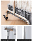 Close-up of Movable Mop and Broom Organizer Cart With Lockable Wheels, stainless steel structure, focus on lockable wheel and joints