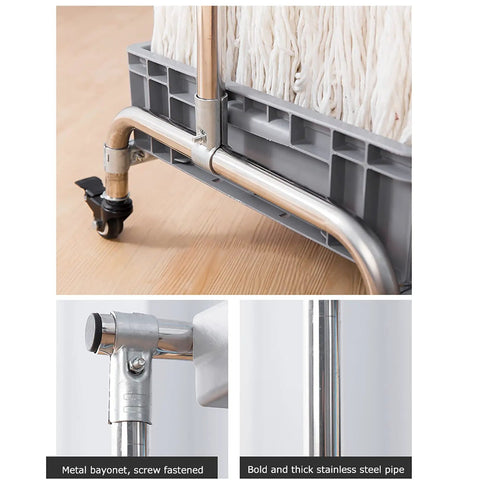 Close-up of Movable Broom And Mop Holder With Wheels showing stainless steel construction and lockable wheels.