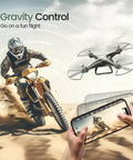 Dynamic image of FPV RC Drone With 1080P HD Camera, 120-Degree Wide Angle Lens, showing gravity control feature with biking scene.