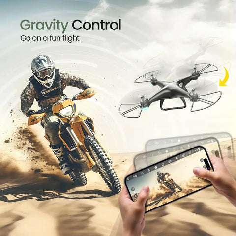 Dynamic image of FPV RC Drone With 1080P HD Camera, 120-Degree Wide Angle Lens, showing gravity control feature with biking scene.