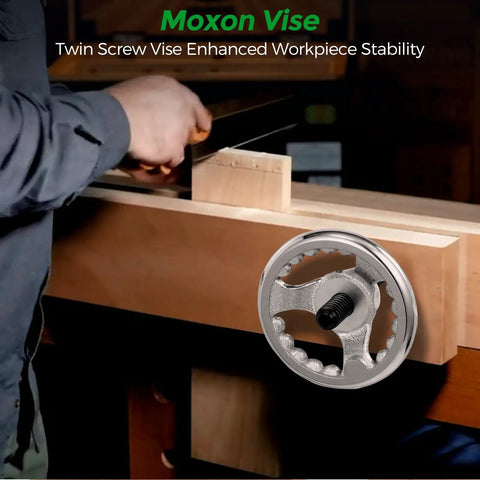 Moxon Vise with twin screws, chrome finish, enhancing workpiece stability during woodworking tasks.