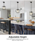 Top Shelf 2 Pack Modern Farmhouse Pendant Lights For Kitchen Island Featuring Matte Black Iron Cage And Clear Glass Shade in adjustable height setup