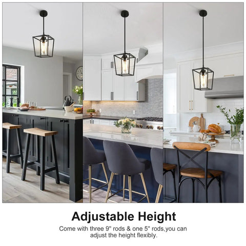 Top Shelf 2 Pack Modern Farmhouse Pendant Lights For Kitchen Island Featuring Matte Black Iron Cage And Clear Glass Shade in adjustable height setup