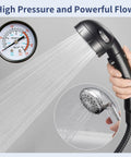 Black high pressure shower head with pause button, showing powerful flow and gauge. Handheld with hose for RV camper use.