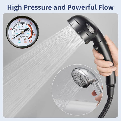 Black high pressure shower head with pause button, showing powerful flow and gauge. Handheld with hose for RV camper use.