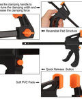 4 Inch Bar Clamps For Woodworking 8 Pack Quick Grip One Handed Ratchet Clamps Mini Bar Clamps For Craft Projects And Light Duty Diy Carpentry Built For Hobbyists And Pros For Quick Setups And Precise Holds in close-up view showing reversible pad structure, quick release button, and soft PVC pads.