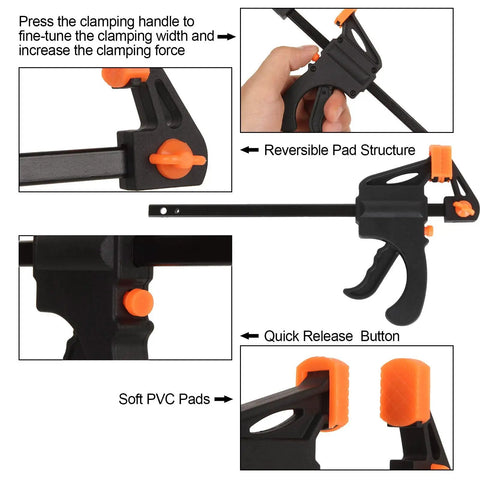 4 Inch Bar Clamps For Woodworking 8 Pack Quick Grip One Handed Ratchet Clamps Mini Bar Clamps For Craft Projects And Light Duty Diy Carpentry Built For Hobbyists And Pros For Quick Setups And Precise Holds in close-up view showing reversible pad structure, quick release button, and soft PVC pads.