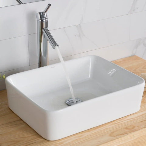 Elavo Modern Rectangular Vessel Sink In White Porcelain Ceramic For Bathrooms 19 Inch With Baked On Glaze Finish installed on wood counter