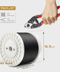 Top Shelf 400FT 1/8 Inch Black Stainless Steel Cable For Railing Systems with cable cutter and spool dimensions.