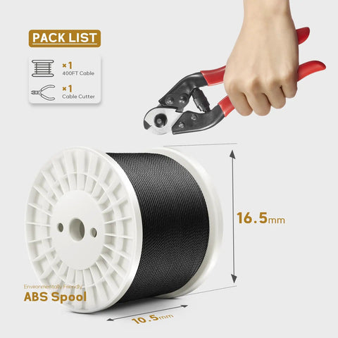 Top Shelf 400FT 1/8 Inch Black Stainless Steel Cable For Railing Systems with cable cutter and spool dimensions.