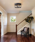 Three Light Ceiling Light Fixture In Modern Black Semi Flush Mount Chandelier for farmhouse hallway setting.