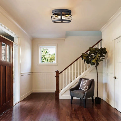 Hallway with 3 Light Industrial Semi Flush Mount Ceiling Light In Black Farmhouse Style over stairway and chair
