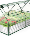 Galvanized Raised Garden Bed With Cover And Mini Greenhouse Kit displaying vibrant flowers and roll-up screen windows.