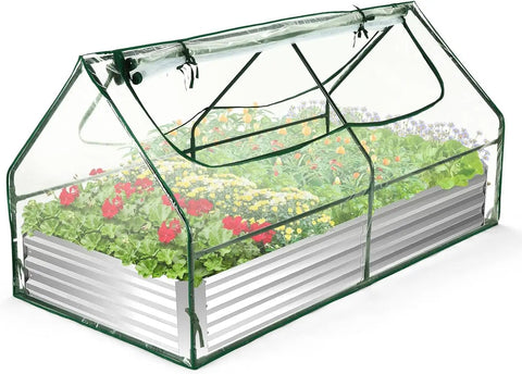 Galvanized Raised Garden Bed With Cover And Mini Greenhouse Kit displaying vibrant flowers and roll-up screen windows.
