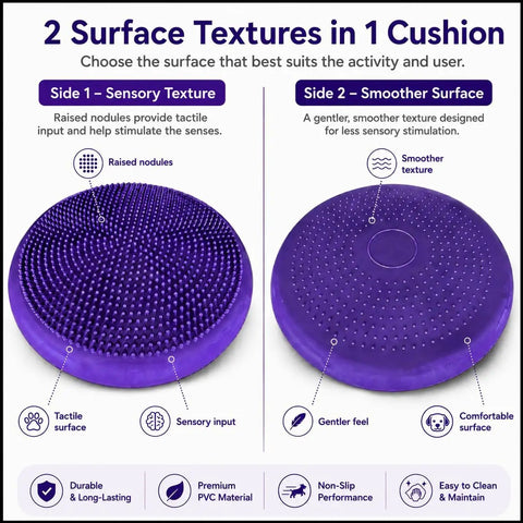 Balance Disc Cushion 14 Inch For Dogs With Pump And 2 Rehab Exercises Anti Burst; sensory and smooth textures shown