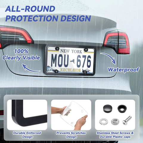 Clear License Plate Cover And Frame Set For Any Ride Universal Protector Two Pack With Rust Proof ABS, screws, and caps shown on car.