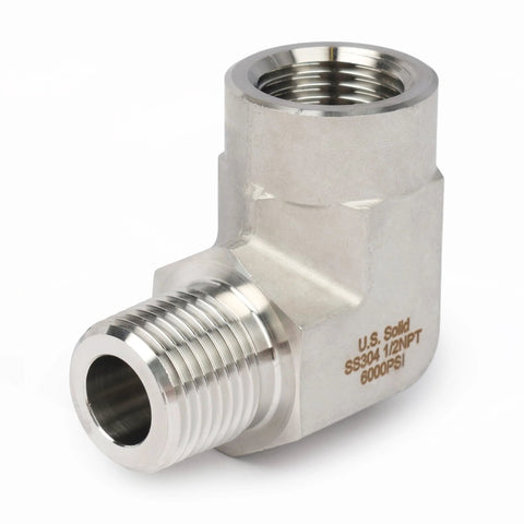 Angled view of stainless steel 90-degree street elbow, SS304, 1/2 in NPT, 6000 psi, male-female