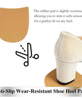 Two Pack Self Adhesive Rubber Heel Patches for Boots and Dress Shoes shown installed on a high heel, easy application.